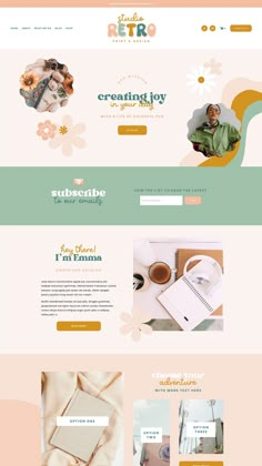 Retro website design template for Squarespace with groovy flowers and seventies colors. 70s Branding, Space Template, Desain Merek, Boho Website, Podcast Website, Square Space