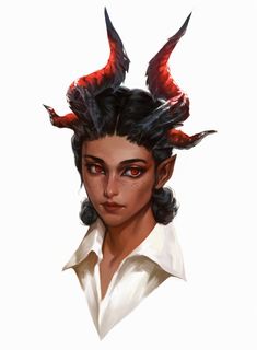 a drawing of a woman with horns on her head and red eyes, wearing a white shirt