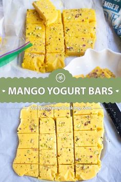 mango yogurt bars cut into squares and stacked on top of each other with text overlay