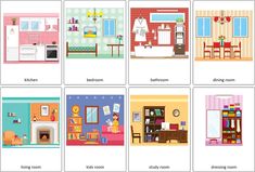 four different rooms are shown in the same color and size, each with their own furniture