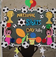 a sign that says national sports day with soccer balls, stars and cup on it