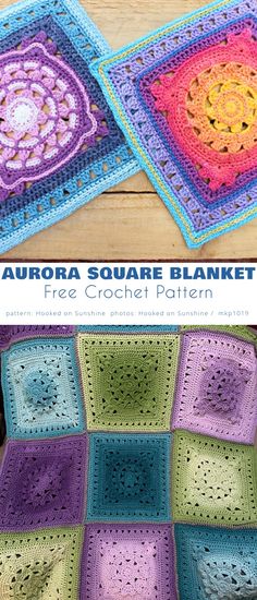 two crocheted squares with the words aurora square blanket on them