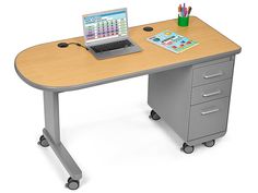 a laptop computer sitting on top of a wooden desk next to a drawer with drawers