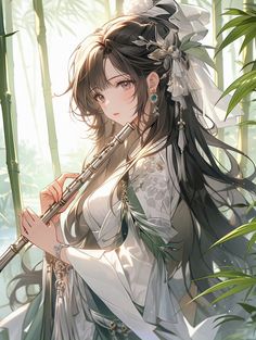 a woman with long hair holding a flute in front of her face and wearing a white dress