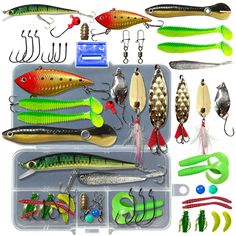 assortment of fishing lures and hooks on white background