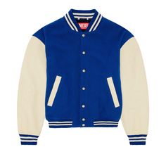 Diesel Men’s Bomber Jacket. Never Been Worn. Blue/ Cream Will Ship In Original Diesel Packaging. Size Is 48 Equivalent To Medium But Fit Is Baggy Classic Blue Long Sleeve Varsity Jacket, Classic Blue Varsity Jacket For Fall, Classic Blue Outerwear For Streetwear, Diesel Jacket, Leather Sleeves, Diesel Men, Leather Sleeve, Blue Jacket, Blue Cream