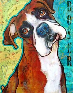 a painting of a boxer dog on a blue background