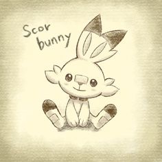 a drawing of a bunny sitting down with the words scor bunny on it's chest