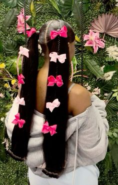 Barbie Pony Hairstyle, Weave Pigtail Hairstyles, Bow Hair Ponytail, Big Fluffy Ponytail, Creative Hair Styles For Black Women, Bow Hairstyle Pigtails, 2 Ponytails With Bows, Valentines Day Hair Ideas, Hair Bows Black Women