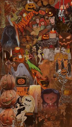 halloween collage with pumpkins, candles and other things on it's surface