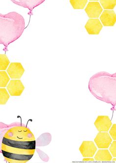 a watercolor drawing of a bee and heart shaped balloons