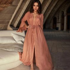 Lasaky - Long-sleeved sun protection cardigan with bamboo button closure – Perfect for layering over swimwear or as a beach cover-up. Boho Robes, Flowy Dress Long, Button Shirt Dress, Beach Maxi Dress, Long Summer Dresses, Long Shirt Dress, Maxi Dresses Casual, Beachwear For Women, Boho Maxi Dress