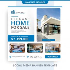 a flyer for a real estate sale is shown in blue and white with the words elegant home for sale on it