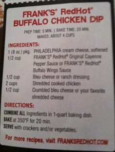 the menu for frank's red hot buffalo chicken dip