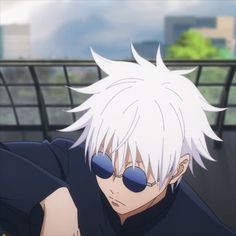 an anime character with white hair and sunglasses on his head, leaning against a railing