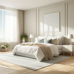 a large white bed sitting in a bedroom next to a window