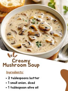 a bowl of creamy mushroom soup on a table