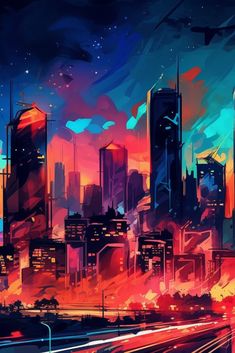 an abstract painting of a city at night