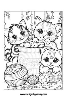 a coloring page with three kittens in a basket and two balls of yarn on the ground