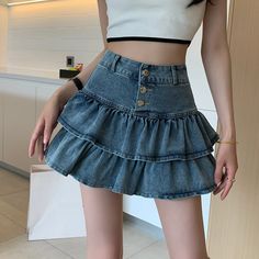 Lasaky - High-Waisted Denim Short Skirt with Pleated Cake Design Cake Dress, Dress Cake, Denim Patchwork, Denim Short, High Waisted Shorts Denim, Light Blue Color, Short Skirt, Types Of Skirts, High Waisted Denim