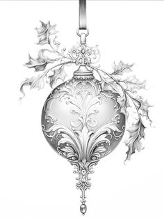 a silver christmas ornament hanging from a metal hook with holly leaves on it