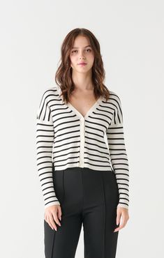 This Ribbed Stripe Cardigan combines classic style with modern design. The ribbed texture adds a touch of sophistication, while the stripe pattern adds a trendy touch. With its versatile look, this cardigan is perfect for any occasion. Made with high-quality materials, it offers both comfort and durability. Elevate your wardrobe with this must-have piece. Stripe Cardigan, Black Tape, Dressy Pants, Button Front Cardigan, Dressy Dresses, Ribbed Texture, White Cardigan, Spring Wardrobe, Striped Cardigan