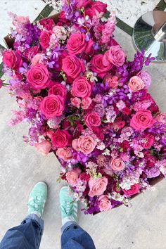 above view of pink and purple flowers in a box next to person with mint-colored Adidas shoes Botanical Color Palette, Centerpiece Bouquet, Purple Flower Arrangements, Pink Purple Flowers, Event Florals, Whimsical Flowers, Empire Records, Magenta Flowers, Shoes Party