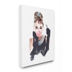 a woman with a bubble in her mouth on a white background canvas wall art print