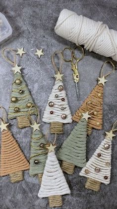 small christmas tree ornaments made from yarn and twine