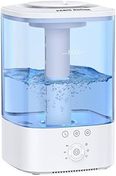 the water dispenser is white and has blue water on it's side