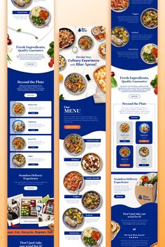 three different webpages with food items displayed on the front and back pages, one for