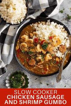 slow cooker chicken sausage and shrimp gumbo is an easy dinner that's ready in under 30 minutes