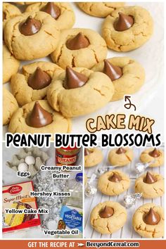 a collage of peanut butter blossom cookies with text overlay that reads, cake mix peanut butter blossoms