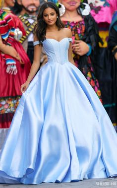 Sherri Hill 55065 Light Blue Off Shoulder Ball Gown, Sherri Hill Prom, Sherri Hill Prom Dresses, Dress Drape, Prom Dress Stores, Prom Dress Styles