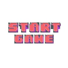 the text start game in pixel style with pink letters and red dots on white background