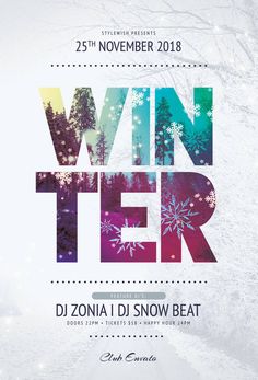 a flyer for a winter party with snow flakes and trees in the background,