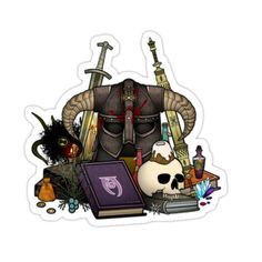 a sticker with an image of a horned knight surrounded by other items and objects