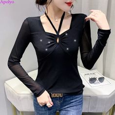 Spring Women Bandage Rhinestone Mesh Stretch Casual Party T-shirt Tops Blouse | eBay Stretch T-shirt For Fall Party, Trendy Long Sleeve T-shirt For Party, Trendy Long Sleeve Party T-shirt, Rhinestone Tops For Night Out Party Season, Rhinestone Tops For Party Season Night Out, Rhinestone Tops For Night Out And Party Season, Elegant T-shirt For Night Out In Spring, Black T-shirt With Rhinestones For Party, Fitted Rhinestone T-shirt For Party