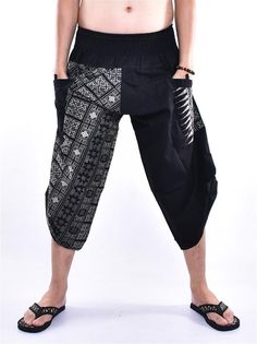 "Harem pants, Yoga pants, Wide leg pants, Trousers, Samurai pants Printed with Black Thai Pattern Design Printed Cotton Samurai pants with Side button is inspired Samurai and Ninja pants from Japan. Created and Designed for Everyone, Wide Leg Designed Easy to Movement, Easy to Wear and Comfy. The Pants is made of 100% Cotton and Printed with beautiful pattern design. The Pants made by Thai Craftsmanship, Attention and Neatness in sewing an item. Cotton Samurai pants has one Pocket in front for s Black Hip-length Bottoms For Yoga, Black Harem Pants With Elastic Waistband And Tapered Leg, Black Yoga Pants For Summer, Black Straight Yoga Pants, Black Ankle-length Cotton Pants, Black Harem Yoga Pants With Pockets, Black Harem Pants For Yoga In Summer, Baggy Black Cotton Harem Pants, Black Cotton Harem Yoga Pants