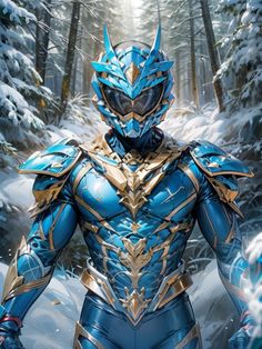 a man in blue armor standing in the snow