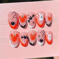 Nails For Disneyland Halloween, Disney Mickey Halloween Nails, Orange Disney Nails, Spooky Mickey Nails, Disney Nails Halloween Easy, Mickey Mouse Fall Nails, Mickey Mouse Pumpkin Nails, Cute Halloween Nails For Kids, Disney Halloween Acrylic Nails