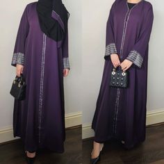 Purple open style abaya composed of high quality nidha material with a beautiful sheen. Stunning diamante work on the sleeves to add a touch of elegance and class. Great for parties, formal events, eid, ramadan, weddings and holidays. Looks great with a slip underneath or throw on top of jeans/trousers to give you the ultimate modest look. Available with a hijab. Exclusive to K.A.Y.collection.  Handwash only.  Abaya will be posted tracked via Royal mail. Please note - The diamante work is silver Head Coverings, Eid Party, Eid Ramadan, Eid Gift, Modest Dress, Eid Gifts, Dress Gift, Dress Maxi, Head Covering