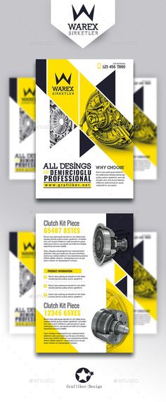 the yellow and black business brochure is displayed in three different positions, including one with