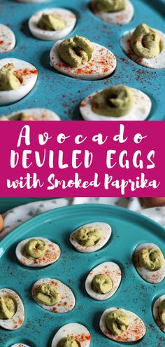 avocado deviled eggs with smoked paprika on a blue plate and pink background