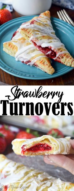 strawberry turnovers with white icing and strawberries in the background, on a blue plate