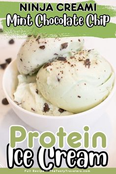 two scoops of mint chocolate chip ice cream in a white bowl with text overlay