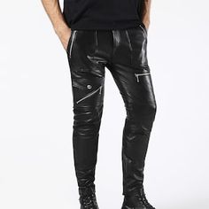 These slick biker pants are built from select nappa leather with a smooth, supple hand. Multiple metal zip pockets and D-rings amp the attitude. Biker Style Leather Pants For Streetwear, Edgy Leather Pants For Biker Events In Fall, Biker Bottoms With Zip Fly For Streetwear, Punk Leather Pants For Biker Events, Fitted Punk Leather Pants, Edgy Fitted Leather Pants For Biker Events, Moto Leather Bottoms For Fall, Punk Leather Pants For Streetwear, Fitted Leather Motorcycle Bottoms