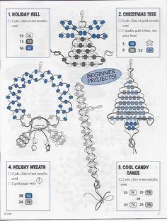 the instructions for beaded christmas tree ornaments are shown in blue and white, with black dots