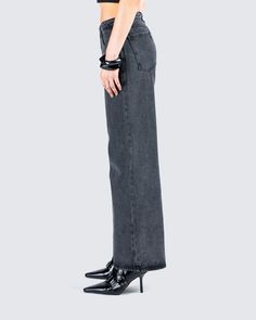 Dark denim is always a vibe 🖤 No matter the occasion, these grey wide leg jeans will turn any fit into a casual-chic look. Crafted from 100% cotton, and complete with a high-rise fit, wide leg, and a 31” inseam 😘 Trendy Washed Black Wide Leg Jeans, Trendy Gray Full Length Jeans, Trendy Full Length Gray Jeans, Modern Wide Leg Washed Black Jeans, Gray Straight Leg Jeans For Fall, Chic Wide Leg Flare Jeans In Washed Black, Chic Wide Leg Washed Black Flare Jeans, Modern Washed Black Wide Leg Jeans, Trendy Gray Jeans With Five Pockets