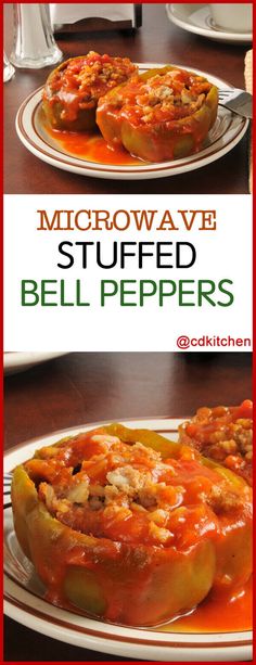 two stuffed bell peppers on a plate with sauce in the middle and an image above that says microwave stuffed bell peppers